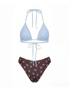 Women's 2 Piece Bikini Set Reversible Dot Print Halter Bra And Low Rise Briefs Bathing Suit For Beach Pool - Blue - View 5