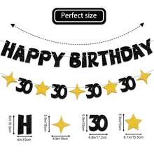 1 Set de Pancarta con Brillo de Color Negro y Dorado para Fiesta de Cumpleaños 30, Decoración con Guirnalda de Estrellas, Decoraciones para Fiesta de Cumpleaños 30 Años, Adecuado para Hombres y Mujeres, Decoración de Aniversario - 30 YEARS - Ver 4