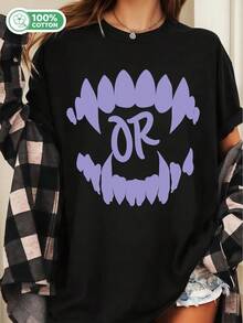 Camiseta 100% algodón con estampado de colmillos de monstruo gótico O estampado callejero, camiseta casual de estética oscura Y2K - Negro - Ver 1