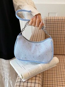 Spring Fashion Women's Chain Shoulder Bag, Star Pattern Zipper Closure Crescent Underarm Bag, Suitable For Daily Wear - Blue - View 1