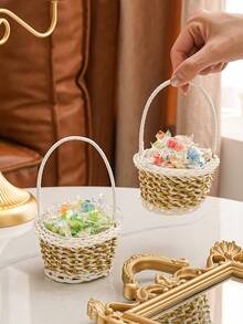 1pc Plastic Storage Basket, Creative Mini Two Tone Woven Design Storage Basket For Desk Decoration - View 1