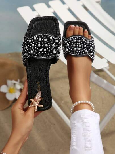 Sandalias talla grande 43, nuevas sandalias planas de 2026 con tira única y punta cuadrada, sandalias de unicolor con estilo, deslizantes para verano, playa, no deslizantes, adecuadas para vestidos, hogar, playa, gimnasio, oficina, talla 42
