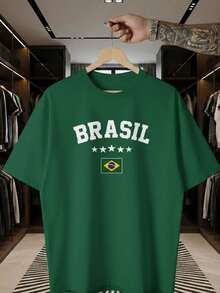 Stylish Sports T-Shirt For Fans Of The World Cup, Brazilian National Football Team, Green And Yellow, Short Sleeve, Men's And Women's, 100% Cotton, Casual, Crew Neck - 綠色 - 查看 1