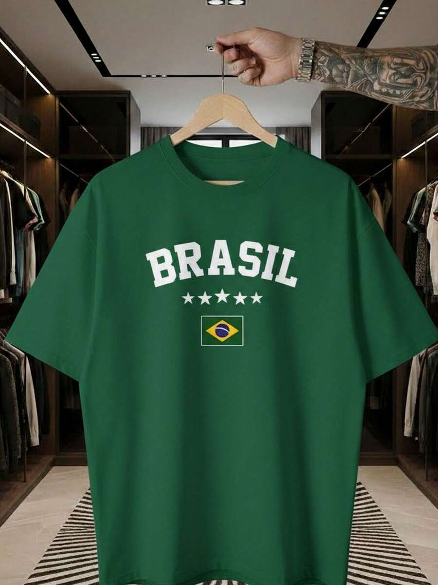 Stylish Sports T-Shirt For Fans Of The World Cup, Brazilian National Football Team, Green And Yellow, Short Sleeve, Men's And Women's, 100% Cotton, Casual, Crew Neck - 綠色 - 查看 1