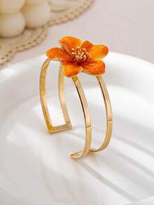 1pc Fashionable Elegant Artificial Drip Oil White, Orange, Pink & Green 5-Petal Flower Open Bangle Bracelet, Suitable For Daily And Holiday Wear, Great Gift Choice (Gift Box Not Included) - Orange - View 5