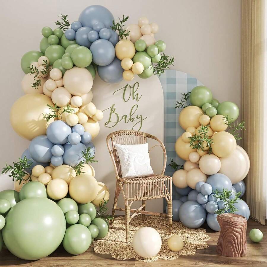117pcs Sage Green Dusty Blue Yellow Pastel Balloon Arch Kit, Yellow Green Dusty Blue Sand White Balloons For Babyshower Wedding Bridal Birthday Gender Reveal Party Decorations - View 1