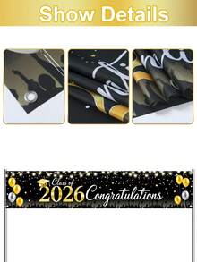 1pc 2026 Graduation Decorative Banner, Polyester Hanging Flag, 2026 Graduation Background Banner, Gold Balloon Graduation Cap Banner, Graduation Congratulations Banner, Black And Gold Graduation Slogan Banner, We Are Proud Of You Hanging Flag, Graduation Celebration Background Banner, Graduation Party Supplies, Graduation Home Decor, Graduation Celebration Decoration, Indoor Outdoor Yard Hanging Banner, Graduation Gift, Party Favors - Black Gold Graduation - View 10