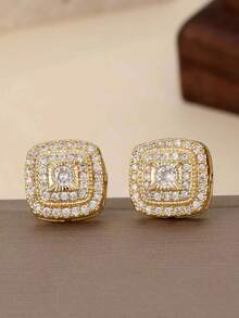 2 pièces Boucles d'oreilles carrées vintage ornées de cubic zirconia cubiques brillants, style hip hop. Bijoux de mode et raffinés pour hommes et femmes, convenant pour un port quotidien - carré - Voir 6