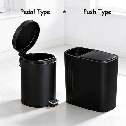 Papelera con tapa de tipo pedal [Redonda] y de tipo botón [Rectangular] en color negro, con cierre silencioso, adecuada para sala de estar, dormitorio, baño, cocina - No se requiere electricidad [Seleccione su estilo de apertura preferido]