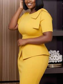 Elegant Midi Dress With Exaggerated Bow Accent, Short Sleeves, Round Neck, Waist Cinching, Pencil Skirt, High Slit, Flattering Silhouette, Comfortable Wear, Suitable For Workplace, Daily, Weddings, Parties, Office, Spring/Summer/Autumn - Yellow - View 3
