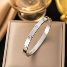1pc Titanium Steel Rhinestone Bangle Bracelet, Bamboo Knot Shell Waist Clover Nail Star Adjustable Wristband, Non-Fading Jewelry Accessory For Women - Silver - View 13