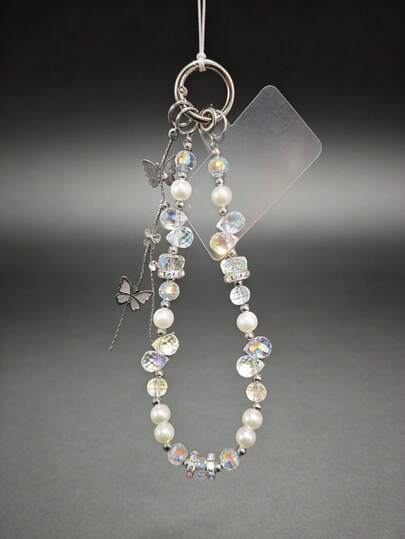 1pc Luxury Butterfly Pearl Phone Lanyard, Iridescent Crystal Beaded Anti-Lost Wrist Strap, Elegant Phone Charm (Actual Size May Slightly Differ From Photo Due To Shooting Angle And Magnification)