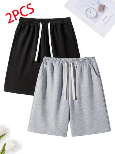 2pcs Men's Casual Shorts With Drawstring Waist, Loose Fit With Pockets For Convenient Storage, Made Of Breathable Knit Fabric, Suitable For Summer Daily Wear, Outdoor Activities, Fitness, And Valentine's Day Gift