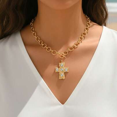 1pc Minimalist Gold Twist Chain Necklace, Fashion Vintage Rhinestone Cross Pendant Necklace, Suitable For Daily Wear, Dates, Parties And Vacations. Chain Length Can Be Customized By Cutting Links.
