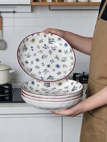 2 Peças Conjunto de Pratos de Jantar Cerâmicos Florais de 8 Polegadas, Travessas de Servir Redondas de Cerâmica para Uso Doméstico, Conjunto de Louça com Padrão de Flores Minimalista de Alta Qualidade, Pratos de Salada e Bife, Pratos de Sobremesa, Cozinha e Jantar, Forno e Micro-ondas - Multicolorido - Visão 2