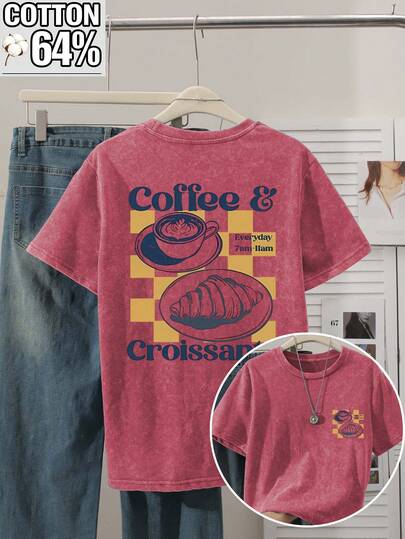 纯棉加大码女式圆领酸洗T恤，印有咖啡和羊角面包图案，是女士夏季必备单品。