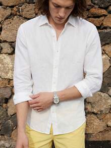 glestore Men's Vintage Old Money Style Textured Button-Down White Shirt, All-Season Casual Versatile Design - White - View 4