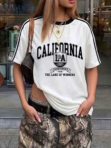 1 chiếc áo thun nữ tay ngắn cổ tròn in chữ, dáng rộng, thích hợp mặc mùa hè. - trắng - Xem 5