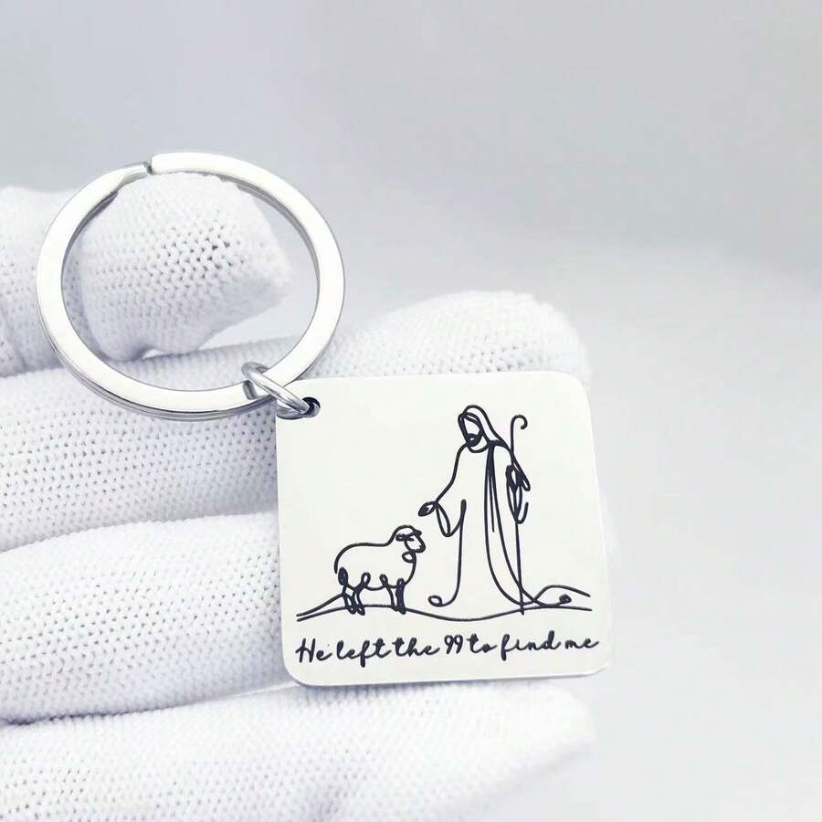 1个“他撇下九十九只羊来找我”圣经经文钥匙扣，方形吊坠，简约宗教风格，适合洗礼、圣餐、毕业典礼、日常佩戴，男女皆宜的救赎守护者礼物 - 鋼色 - 查看 1