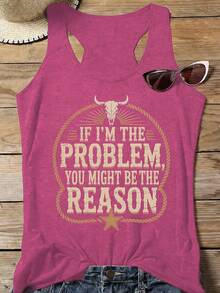 Women's Casual Sleeveless Round Neck T-Shirt With Funny Graphic Print Cotton Blend Tank Top - 酒紅色 - 查看 1