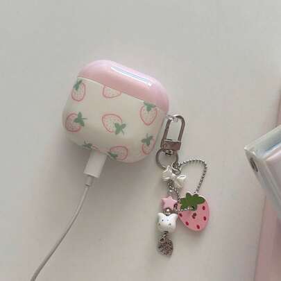 Estuche para auriculares con diseño de fresa rosa sobre base blanca, con colgante de fresa, adecuado para AirPods Pro 3, nuevo Pro 2, Apple 4 minimalista 3, personalizado 1/2 generación, estuche de auriculares lindo para niñas