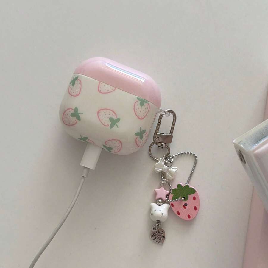 Estuche para auriculares con diseño de fresa rosa sobre base blanca, con colgante de fresa, adecuado para AirPods Pro 3, nuevo Pro 2, Apple 4 minimalista 3, personalizado 1/2 generación, estuche de auriculares lindo para niñas