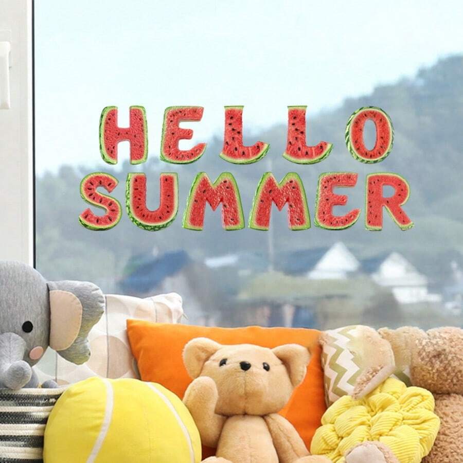 1 pieza Pegatinas de ventana con temática de verano que presentan el diseño de patrón de texto "Hola verano", con diseño de patrón de sandía, pegatinas de PVC autoadhesivas y removibles, para decoración del hogar en salas de estar, dormitorios, decoración de paredes de ventanas, de un solo uso