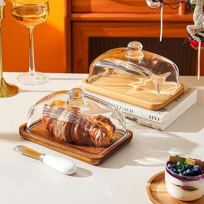 1pc Bamboo & Wood Cake Stand With Glass Display Plate, Dessert Pastry Serving Tray, Cheese Board Set