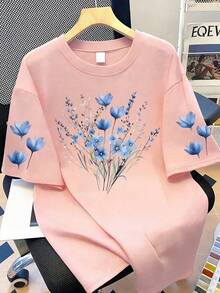 Plus Size Women's Casual Blue Floral Print Round Neck T-Shirt, Suitable For Summer Vacation, Beach, Resort, Spring, Valentine's Day, Carnival, Mother's Day Gift; Suitable For Daily Wear, Outings, Trips, Festivals, Beach, Parties, Birthdays, Beach, Gatherings, School, Music Festivals, Vacations, Commuting, Fitness, Weddings, New Year, Spring Tops, Summer, Holiday Pink - Pink - View 1