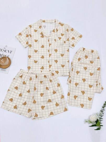3pcs Casual Plaid Bear Print Pajama Set, Includes Cute Short Sleeve Cardigan, Collared Top, And Loose Shorts/Pants, Comfortable Sleepwear For Outdoor, Party, Holiday, And Everyday Wear