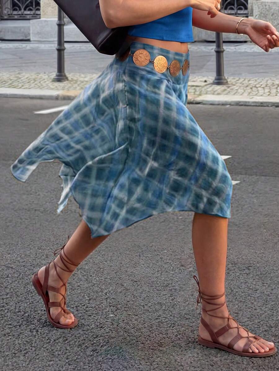 新款时尚优雅格子休闲波西米亚风雪纺不对称下摆半身裙，适合度假、海滩、节日、下午茶、日常出行等场合。 - 天藍 - 查看 1