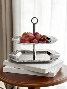 1 pièce Plateau à fruits en acier inoxydable de luxe, présentoir à desserts créatif de style nordique, support à fruits asymétrique haut de gamme pour la maison, plateau à fruits en acier inoxydable de style nordique, présentoir à desserts et gâteaux haut de gamme, plateau à collation de thé de l'après-midi raffiné, plateau de rangement multi-couches de fruits de luxe, décoration de table basse de salon, convient pour le café, le restaurant, le salon, la boutique de desserts, le mariage, la fête - Multicolore - Voir 2