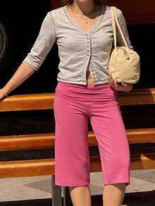Women's Solid Ribbed Knit Capri Pants Ruched Waist Wide Leg Casual Streetwear Bottoms - Hot Pink - View 4