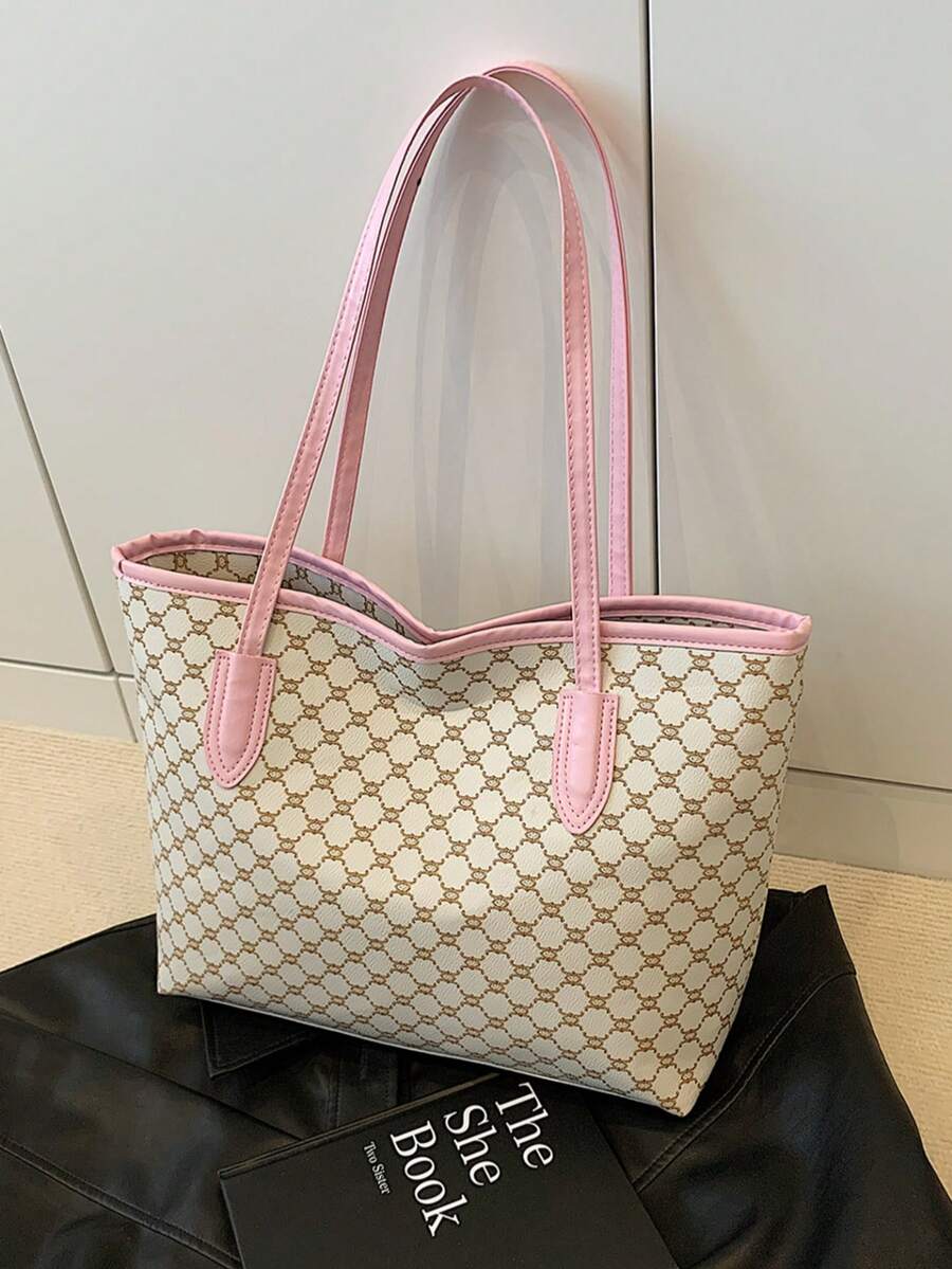 Allover Print Shoulder Tote Bag, Mother's Day Gift, Retro Letter Print Handbag, Large Capacity Shoulder Bag, Perfect Underarm Bag For Commuting, Women Handbag - Pink - View 1