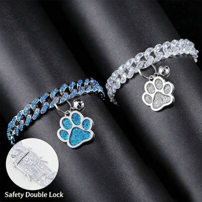 2pcs Luxury Pet Collars, Comfortable, Bling Hiphop Dog Necklace Set, Classic Cuban Chain Inlaid With Shiny Rhinestones, Suitable For Cats & Dogs