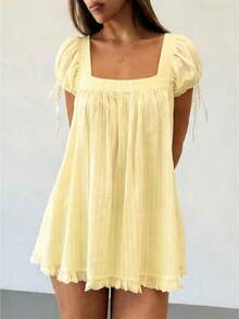 Womens Square Neck Mini Dress Summer Short Sleeve Babydoll Style Lace Trim Casual Loose Dress - 淡黃色 - 查看 1