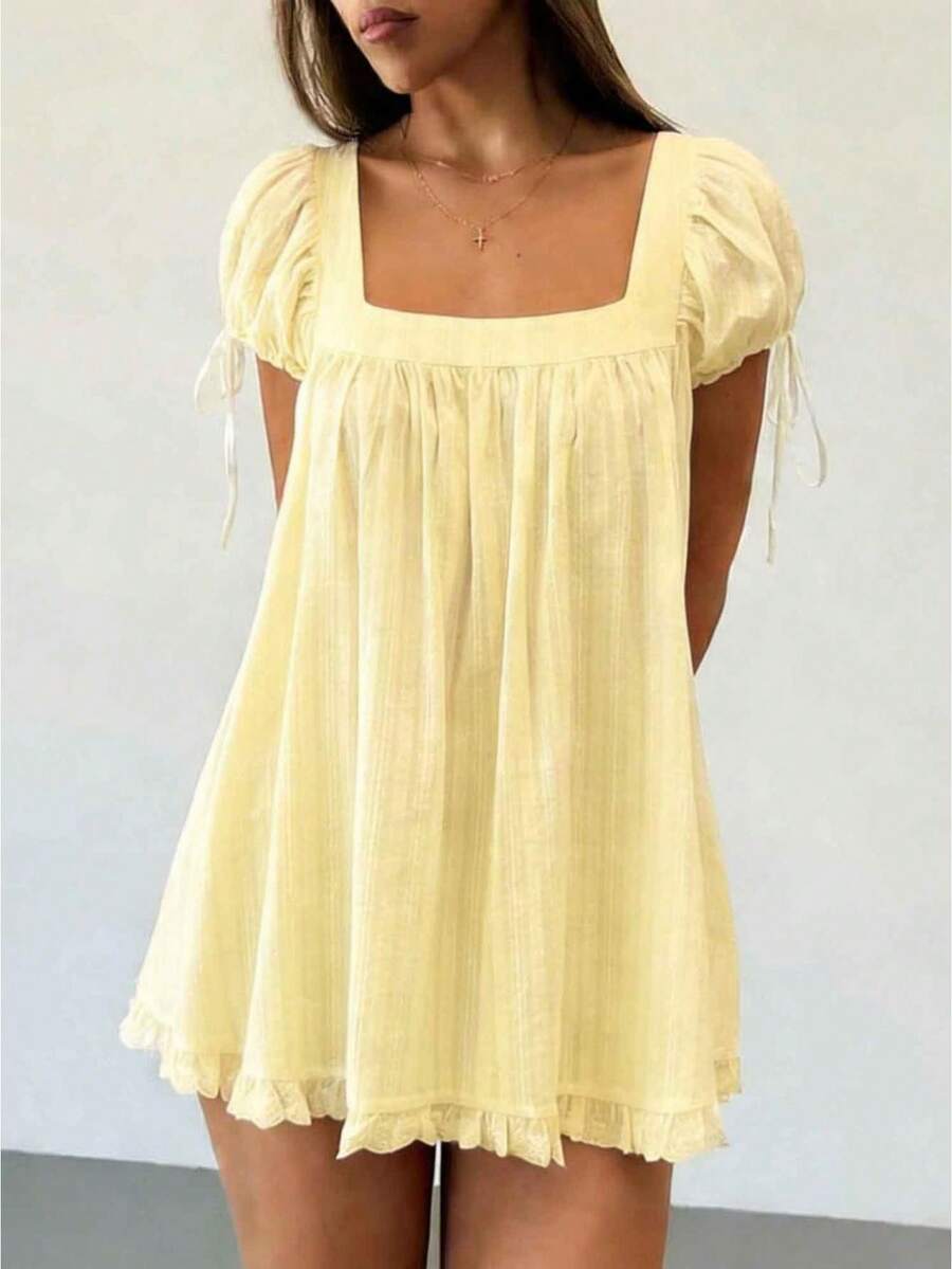 Womens Square Neck Mini Dress Summer Short Sleeve Babydoll Style Lace Trim Casual Loose Dress - 淡黃色 - 查看 1