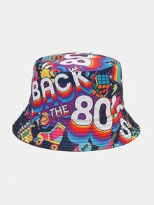 1 chiếc mũ xô hai mặt kiểu retro thập niên 80, in chữ và họa tiết ngẫu nhiên, thích hợp cho mùa xuân/hè. - A - Xem 11