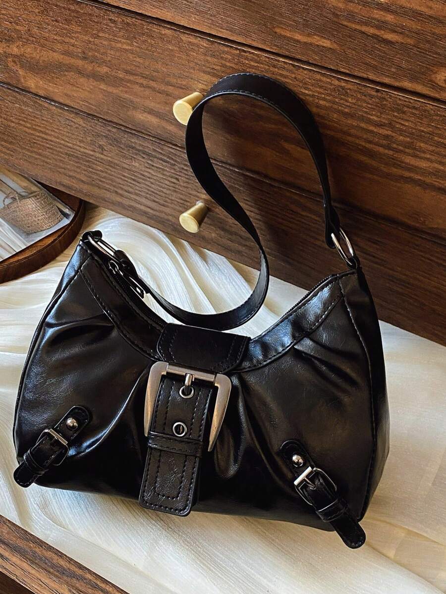 Große Kapazität Plissee Wolken Umhängetasche, Neuer Vintage Amerikanischer Stil Unterarm Umhängetasche für Frauen, Retro Pendler Motorrad Tasche - Schwarz - Übersicht 1
