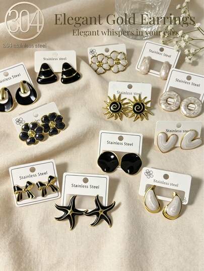 1-10对装 时尚优雅个性化金色耳环。采用优质不锈钢打造，并镀以18K金，这些优雅复古的耳环是节日场合的完美之选。不锈钢耳环，优雅女士耳环