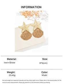 OOQ 1对手工编织拉菲草蓝色海星贝壳耳环，时尚夸张海洋系列海星贝壳流苏拉菲草耳环，适合女性日常、节日、派对、情人节、婚礼季、母亲节、音乐节等场合佩戴（手工拉菲草编织，方向和形状随机） - 咖色 - 查看 6