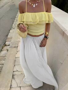 2026新款 HoloChill 女士休闲纯色吊带露肩上衣，夏季休闲荷叶边下摆修身上衣，女士春季服装，女士假日派对上衣，女士沙滩装，女士优雅夏季度假上衣 - 黃色 - 查看 8