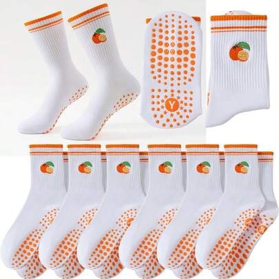 女士普拉提瑜伽防滑袜，适合所有季节，防滑耐磨柔软吸湿瑜伽袜，适合瑜伽、舞蹈、健身、普拉提和其他户外运动，水果橙子刺绣瑜伽中筒袜。