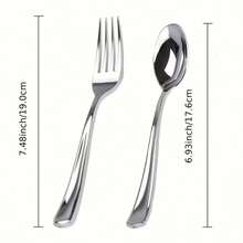 50件套可重复使用的银色餐具套装（叉子、勺子、蛋糕叉、甜点勺、沙拉叉勺），可清洗的高级餐具，适合生日、婚礼、派对、家庭聚会、团队建设、户外烧烤、露营、宴会、学校、毕业典礼、节日派对等场合。 - 銀色 - 查看 10