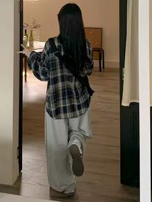 复古格子宽松休闲百搭长袖衬衫 - 灰色 - 查看 2