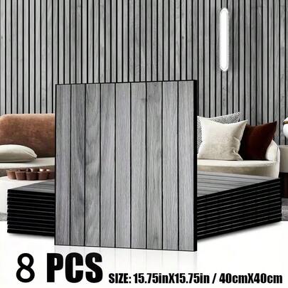8pcs Acoustic Panels, Decorative Sound Absorbing Wall Tiles, 3D Wall Panels, Acoustic Wood Lattice Boards, Self-Adhesive Wood Grain Wallpaper, Glue-Free Solid Wood Wall Panels, Suitable For Bedroom, Bar, Cabinet, Ceiling, Entrance, TV Background, Office, Home Theater, Recording Studio, Medium Gray Indoor Wall Decor
