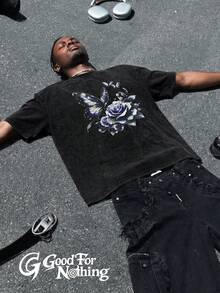 Vintage Black Oversized Short Sleeve Tee, Distressed Wash Finish + Contrast Floral Handwritten Print, Streetwear Style Casual Summer - Black - View 1
