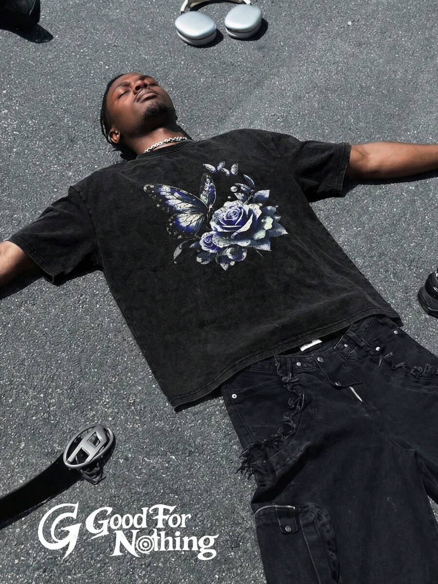 Vintage Black Oversized Short Sleeve Tee, Distressed Wash Finish + Contrast Floral Handwritten Print, Streetwear Style Casual Summer - Black - View 1