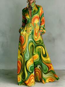 2026 European And American French-Style Slim-Fit Long-Sleeve Printed Dress, Elegant Retro Casual Dress, Holiday-Style Women's Clothing - 藍色 - 查看 2