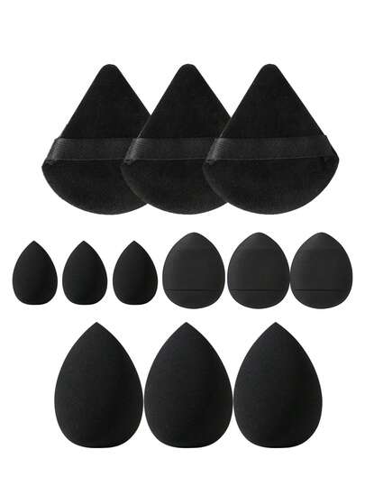 Bộ 12 bông mút trang điểm: Bao gồm 6 bông mút cầm tay (hình tam giác và hình quả đào) + 6 bông mút siêu mềm, không thấm hút.